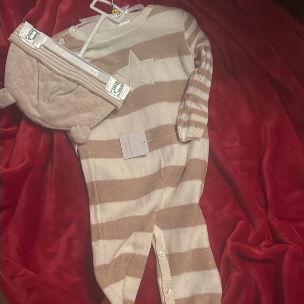 Tahari Tan and White Striped Footies One Piece